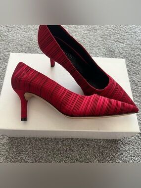 Casadei Red Pleated Pointed Toe Mid-Heel Pumps